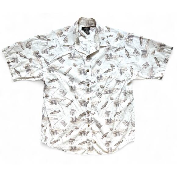 Vintage Fly Fishing Trout Fish AOP Button Up Short Sleeve Shirt Outdoors L Dad - Picture 1 of 10